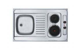 Kompaktna inox kuhinjska enota z majhnim pomivalnim koritom, odcejalno površino in dvema električnima kuhalnima ploščama, prikazana od zgoraj.